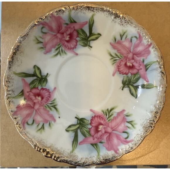 Porcelain Footed Tea Cup & Saucer Pink Orchid Flowers Cobalt Blue Gold - Picture 4 of 6